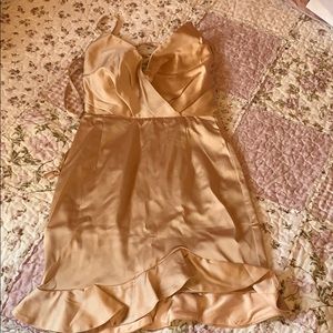 dollar frills wrap front satin mini dress in blush
